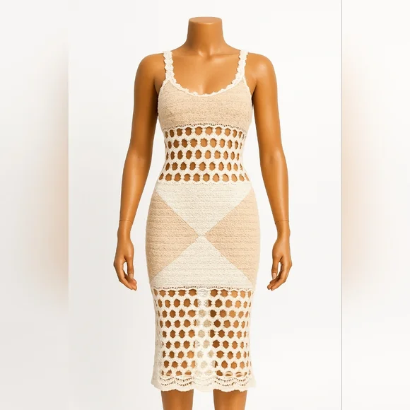 HANDCRAFTED Crochet Macrame Knit Dress Festival Midaxi Swim Cover Cream Tan S 4 - Picture 11 of 11